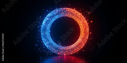 Glowing digital ring portal with blue and red neon energy