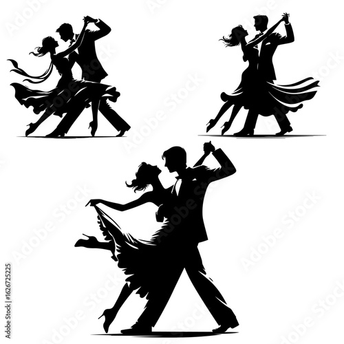 Black and white silhouette vector of couple dance set  on white background