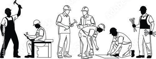Set of Construction Workers and Craftsmen with Tools, Depicting Building, Renovation, and Manual Labor for Industry and Repair Concepts