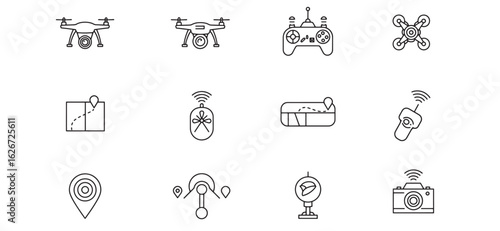 Collection of drone icons and related concepts in minimalist black and white style