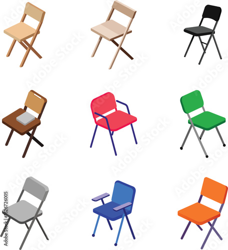 Colorful isometric chair collection featuring diverse designs for seating solutions and interior decoration projects for designers and architects, vector set