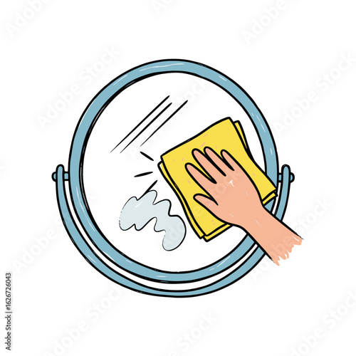 Hand cleaning mirror with yellow cloth and soap suds  