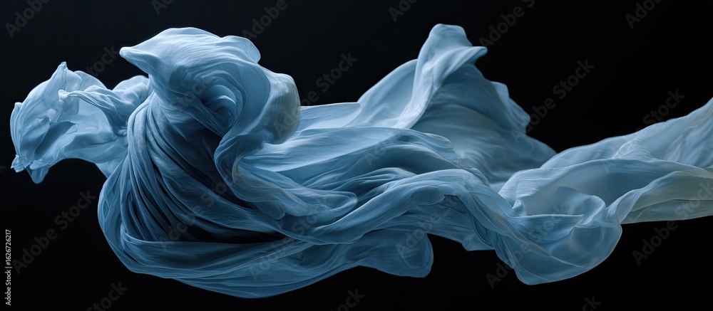 Fototapeta premium Fluid, flowing, light-blue fabric drapes against a dark backdrop