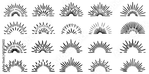 Set of light rays, sunburst and rays of sun. Design elements, linear drawing, vintage hipster style. Light rays sunburst, Vector icon Illustration