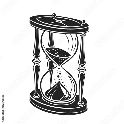 Antique hourglass silhouette in a monochrome engraving style, with sand flowing to measure the passage of time.