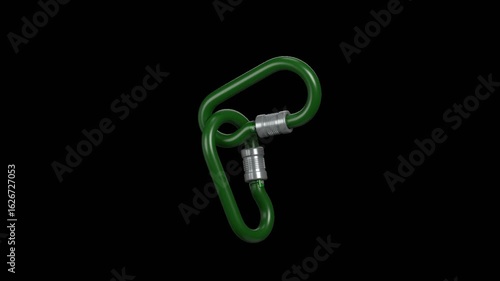 3D animated carabiner hook clipping and unclipping in loop. Essential for climbing, camping, and survival animations. Transparent background
