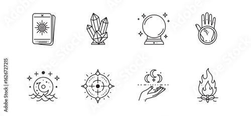 Minimalist line art illustrations of fortune telling tarot crystal ball and symbols