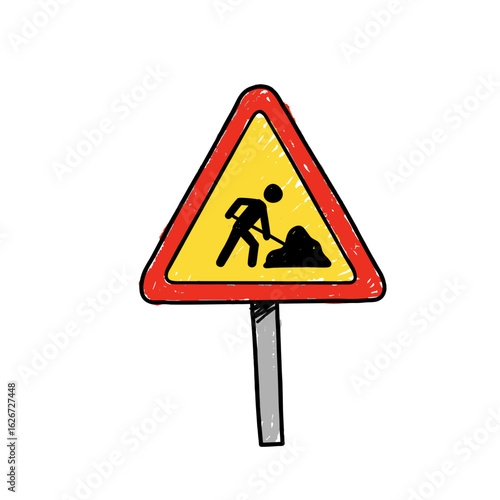 Construction warning sign with worker and excavated area illustration  