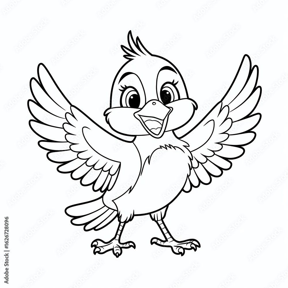 Fototapeta premium Adorable cartoon bird line art in black and white, simple and clean outline, perfect for children’s coloring books and beginner drawing practice.
