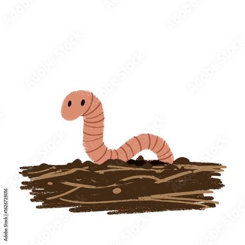 Cartoon worm emerging from soil with playful expression  
