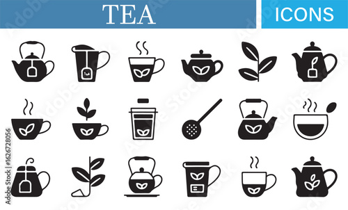Tea Time Icon Collection – Featuring Tea Leaves, Cups, and Brewing Accessories