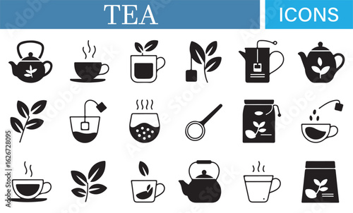 Tea Pot, Cup, and Tea Bag Icon Set – Perfect for Beverage, Kitchen, and Food Industry Use