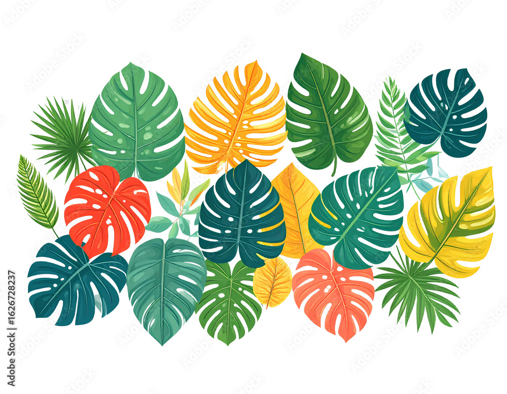 Obraz premium Colorful tropical leaves set, flat vector illustration – transparent background