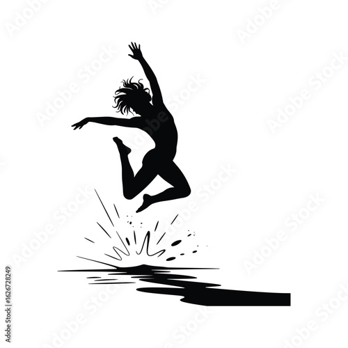 Silhouette of a woman leaping joyfully through water splashes