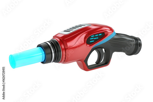 Futuristic Red Ray Gun with Glowing Blue Nozzle on a Black Background