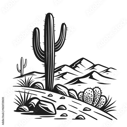 A classic black and white line art illustration of a saguaro cactus standing tall in a rocky desert landscape with mountains.