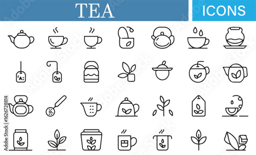High-Quality Tea Icon Collection Featuring Tea Cups, Bags, Leaves, and Pots for Kitchen Themes