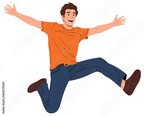Joyful Man Jumping with Outstretched Arms to Represent Freedom and Energetic Spirit of Happiness