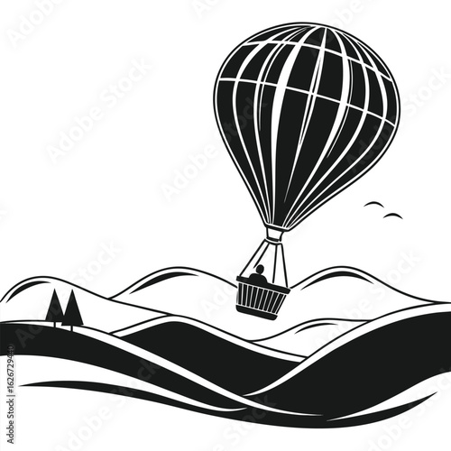 A classic black and white vector illustration of a hot air balloon silhouette flying over a scenic landscape of rolling hills.