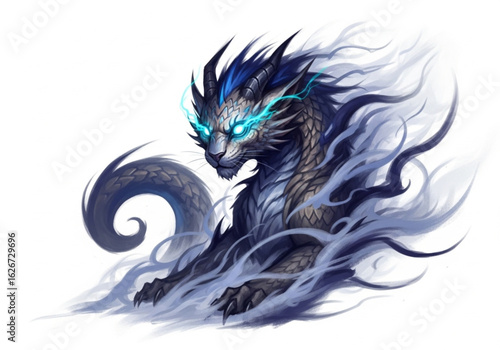Mystical Beast with Glowing Eyes Emerging from Shadow Mist Fantasy Illustration