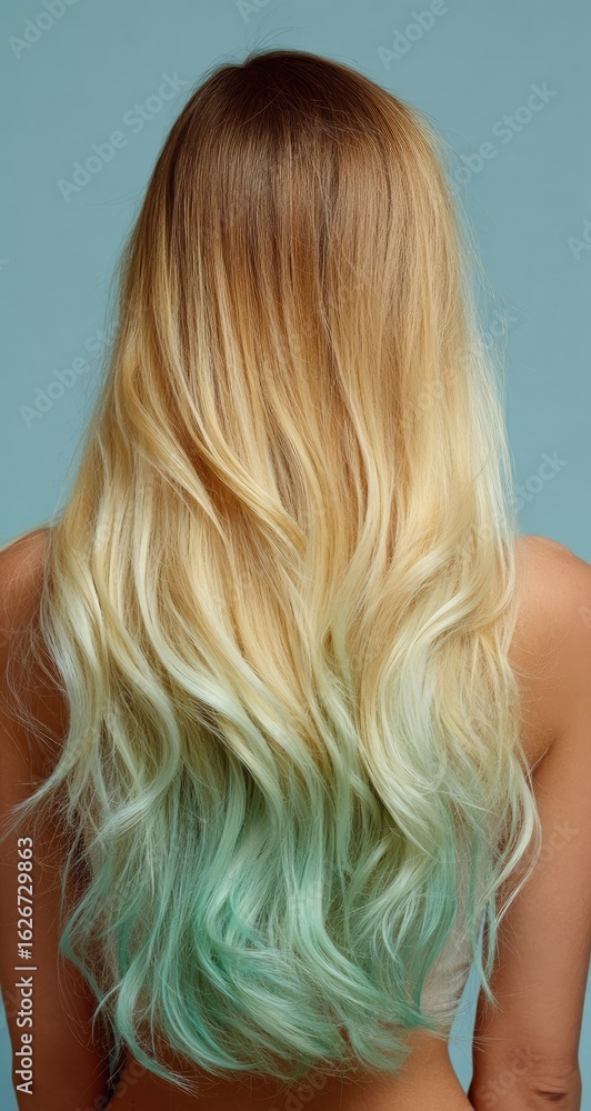 Naklejka premium A woman's long, wavy, blonde hair with a mint green ombre