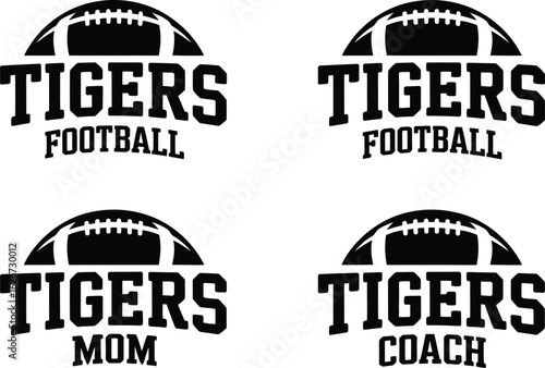 Football - Tigers is a sports team design that includes text with the team name and a football graphic. Great for Tigers t-shirts, mugs, advertising and promotions for teams or schools.