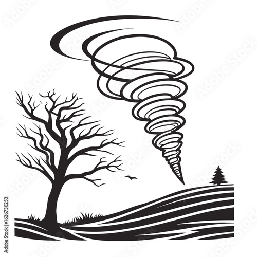 Stylized tornado silhouette over a desolate landscape. Vector graphic icon of a powerful weather storm.