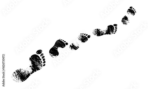 Silhouette of human footprints and bare feet trail on beach, vector stock illustration of leg track, footstep, shoe print, walking journey, human trail design, environment concept