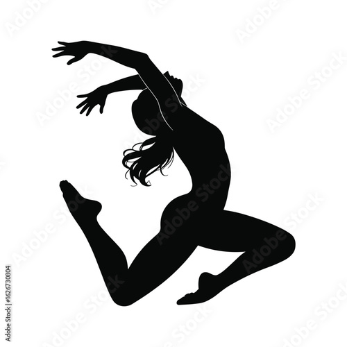 Silhouette of a female gymnast performing a dynamic leap with arms outstretched