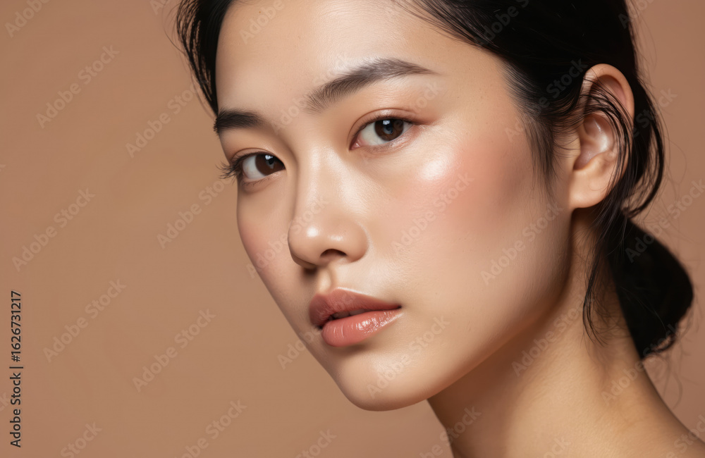 Fototapeta premium Beautiful young Asian woman with clear, glowing skin, subtle makeup. Close-up portrait focuses on facial features, healthy complexion, natural beauty. Captures of skincare, spa treatments.