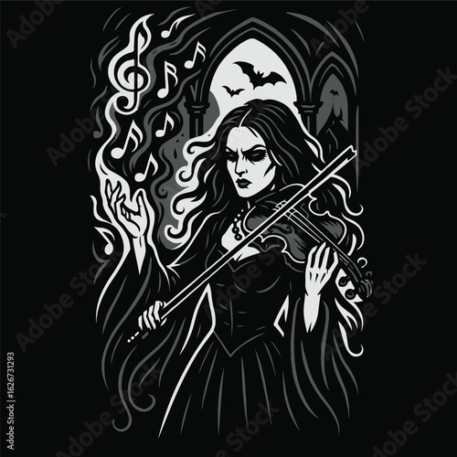 Gothic violinist summoning musical notes as spirits