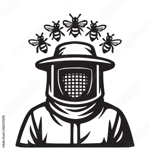 Masked beekeeper with bees forming a crown