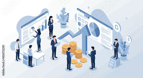 Business team collaborating on financial data analysis using interactive dashboards for corporate growth and successful investment strategy.