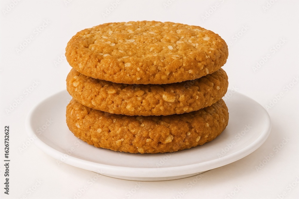 Stack of three oat Anzac biscuits on a white plate Stack of three oat Anzac biscuits on a white plate