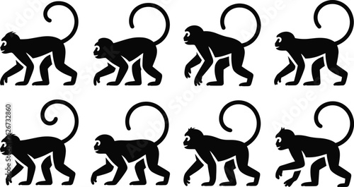 Eight silhouettes of monkeys in profile walking in a row