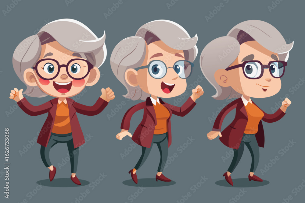 Fototapeta premium Three cartoon illustrations of a happy elderly woman with gray hair and glasses in different poses