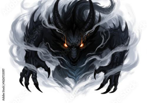 Mystical Beast with Glowing Eyes Emerging from Shadow Mist Fantasy Illustration