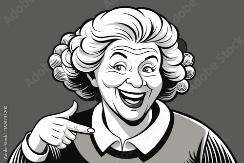 Joyful elderly woman with a big smile and curly hair pointing at herself with a happy expression