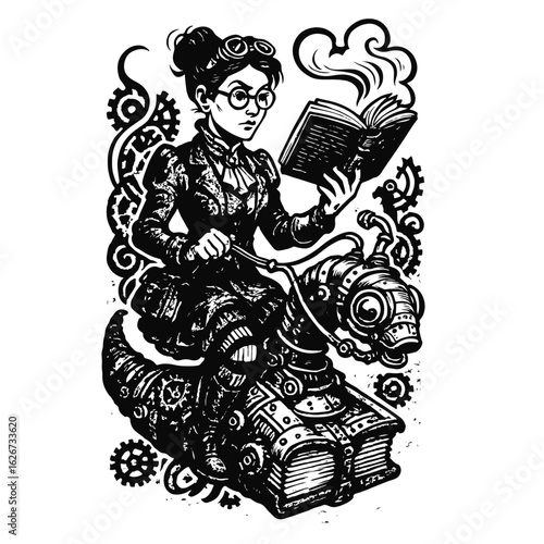 Steampunk librarian riding a mechanical bookworm