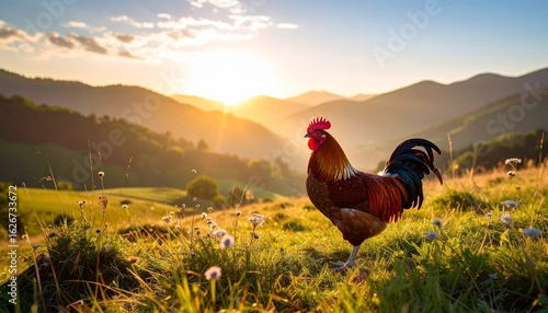 Majestic Rooster at Sunrise in Rolling Hills Farm.
