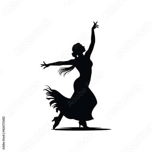 Silhouette of a flamenco dancer in a dynamic pose with flowing skirt