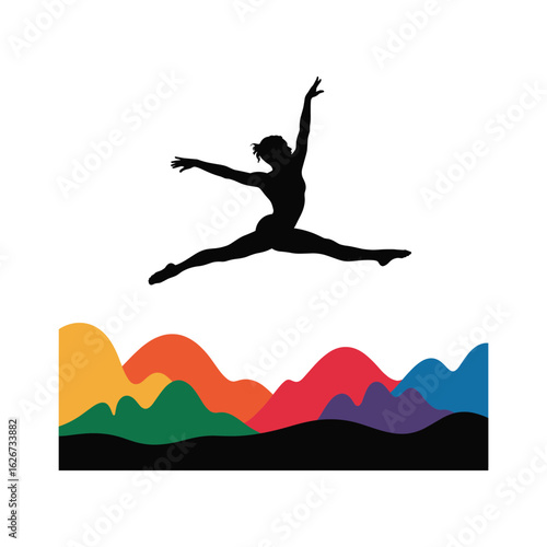 Silhouette of a dancer leaping over a colorful abstract landscape