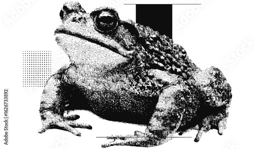 Retro grunge collage of toad and frog featuring vintage photocopy stipple, halftone grainy texture, vector tattoo and poster art in 90s psychedelic surreal gothic and horror aesthetics