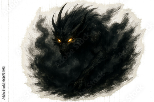 Mystical Beast with Glowing Eyes Emerging from Shadow Mist Fantasy Illustration