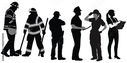 Emergency services personnel silhouettes, including police, fire