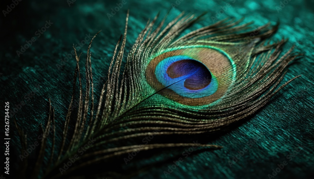 Obraz premium Close-up macro photo of vibrant peacock feather with intricate details. Iridescent blue, green, brown colors contrast against dark, textured background. Delicate feather natural symmetry, elegant