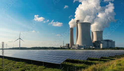 Renewable energy sources like solar panels, wind turbines coexist with traditional coal power plant. Juxtaposition highlights transition in energy infrastructure towards cleaner alternatives. Image