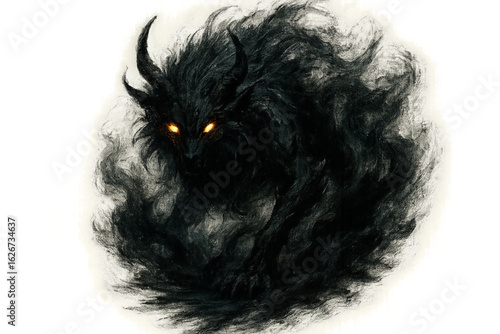 Mystical Beast with Glowing Eyes Emerging from Shadow Mist Fantasy Illustration