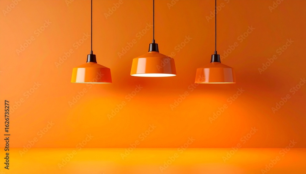 Three Orange Pendant Lights Against Vibrant Orange Wall Minimalist Interior Design. Three Orange Pendant Lights Against Vibrant Orange Wall Minimalist Interior Design.