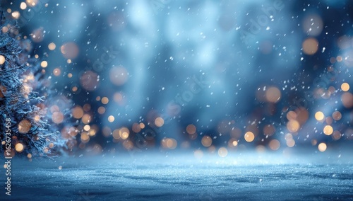 Winter wonderland scene with snowfall and bokeh lights